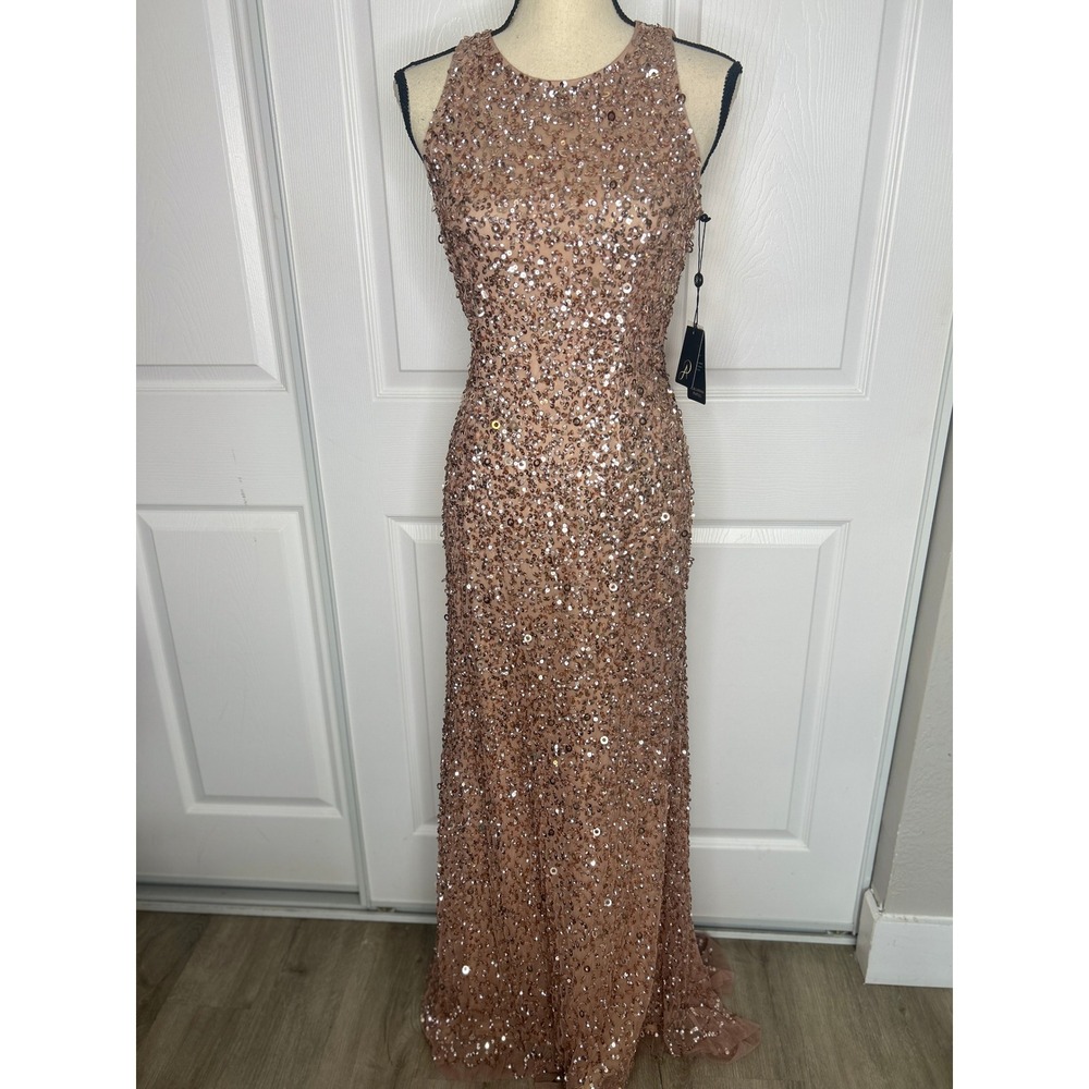 Adrianna Papell Rose Gold Beaded Sequin Halter Gown 0 Formal Evening Prom NWT